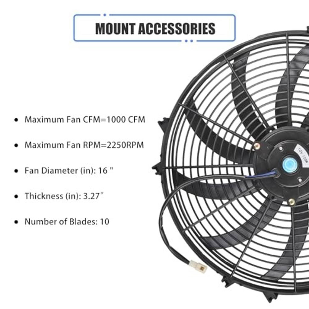 16-inch electric radiator cooling fan with black blades and central motor hub.