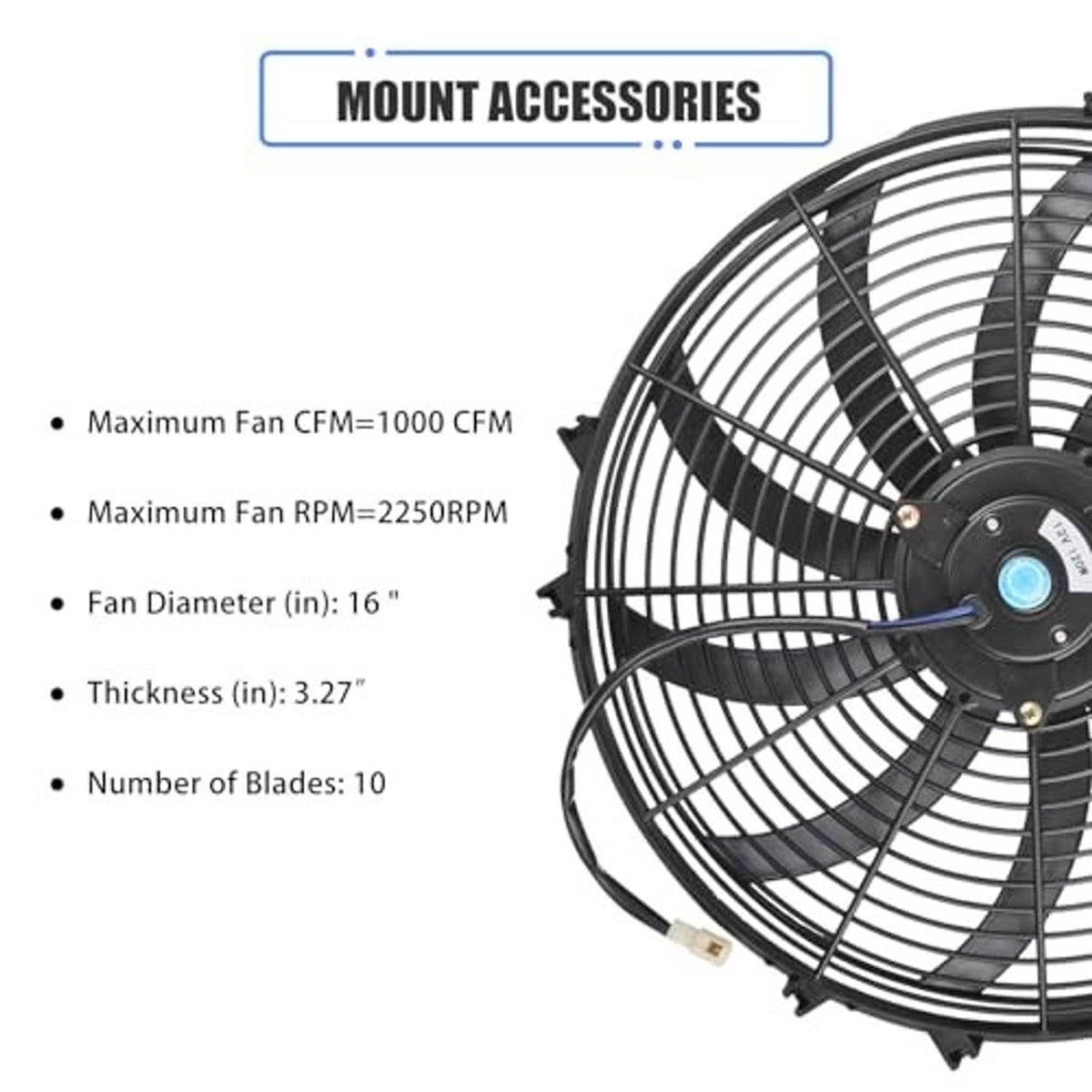 16-inch electric radiator cooling fan with black blades and central motor hub.