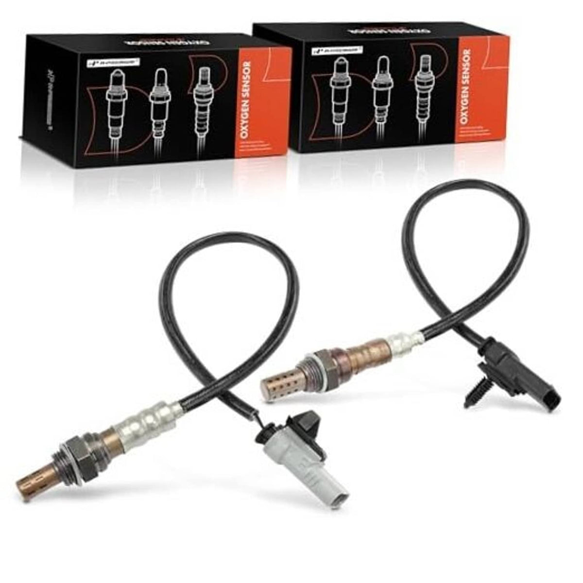 Heated oxygen sensor pair with metal probes, wiring harness, and black connector ends