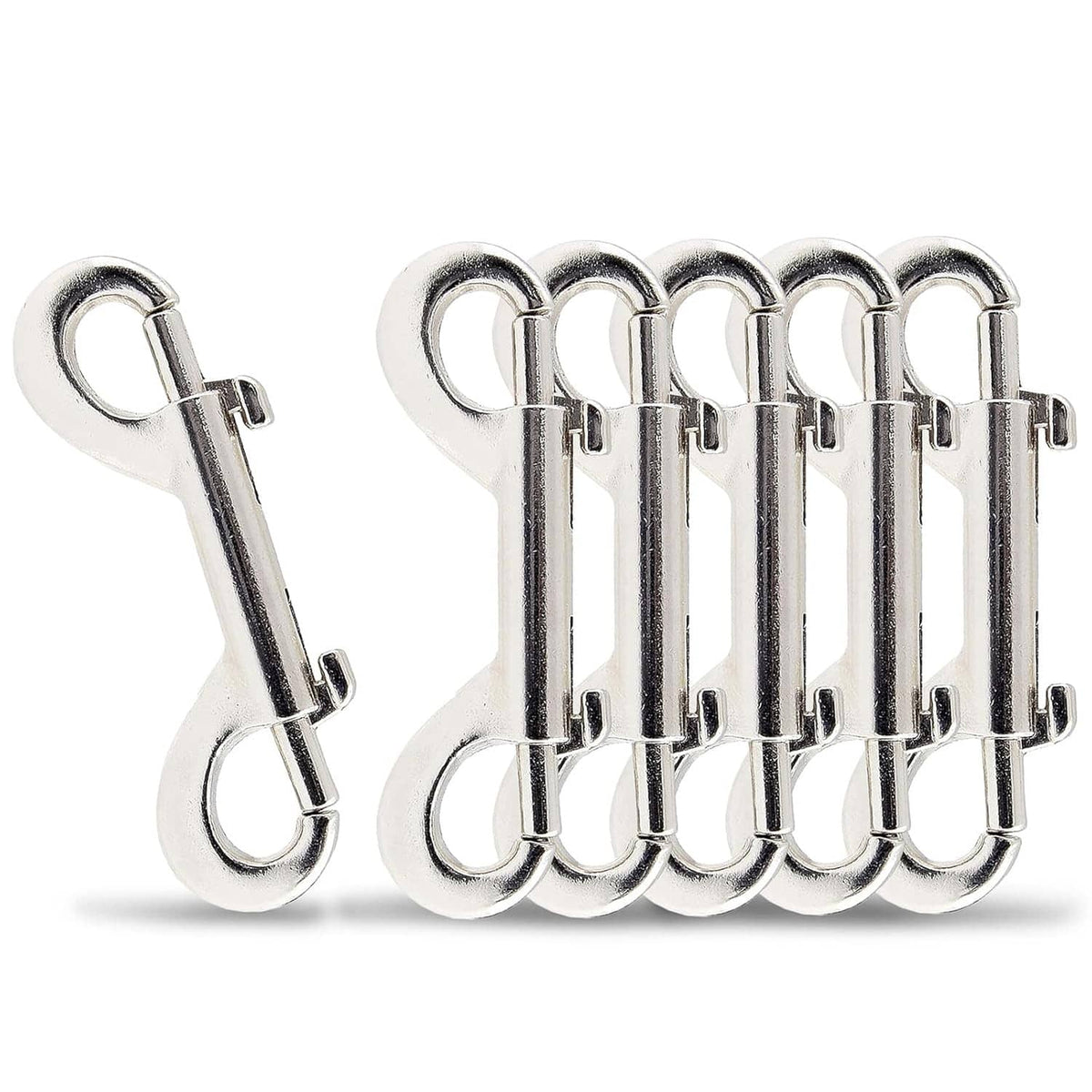 Silver double-ended bolt snap hooks set, one hook plus a row of matching hooks