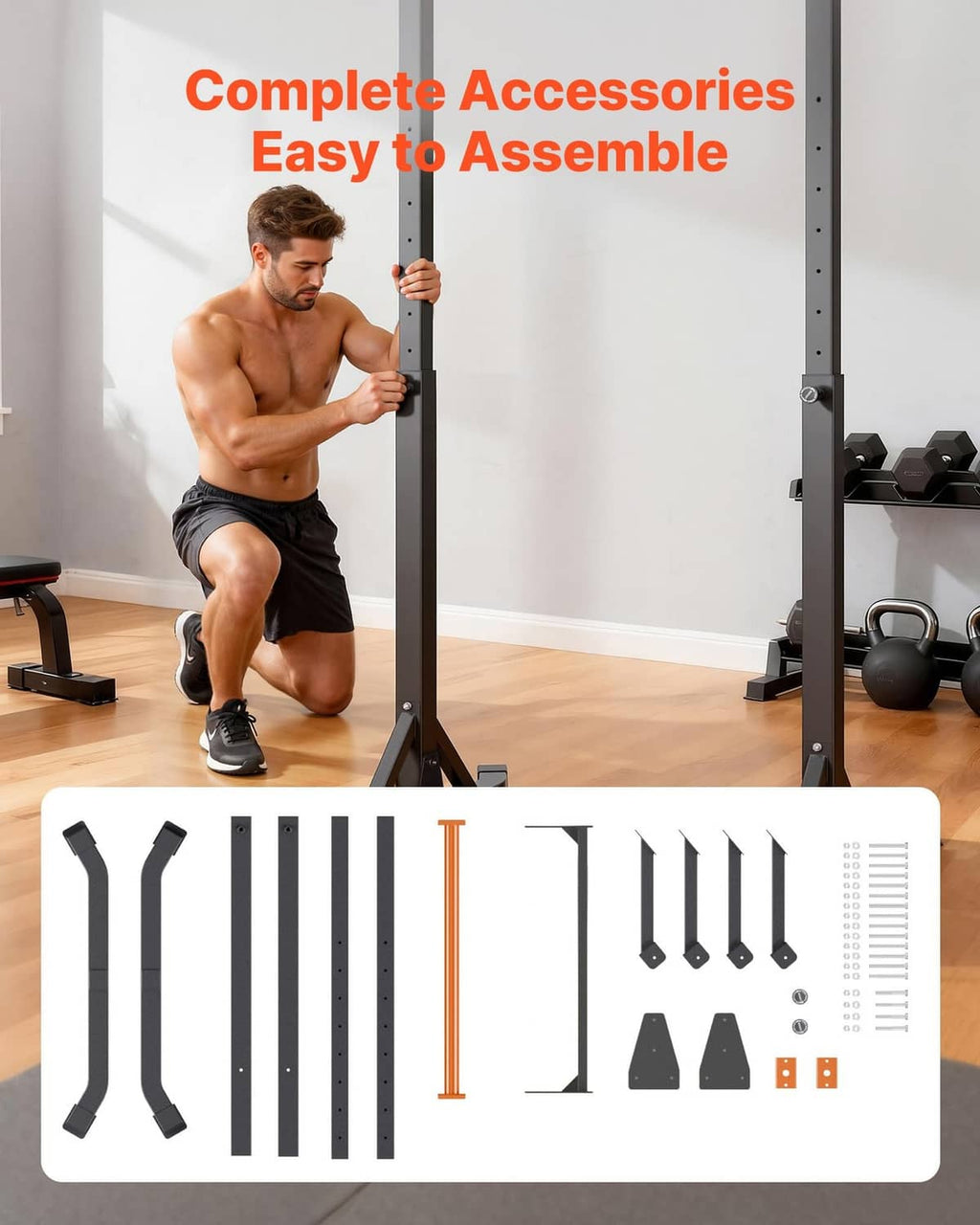 Pull up bar with included accessory parts, black frame and orange pull bar