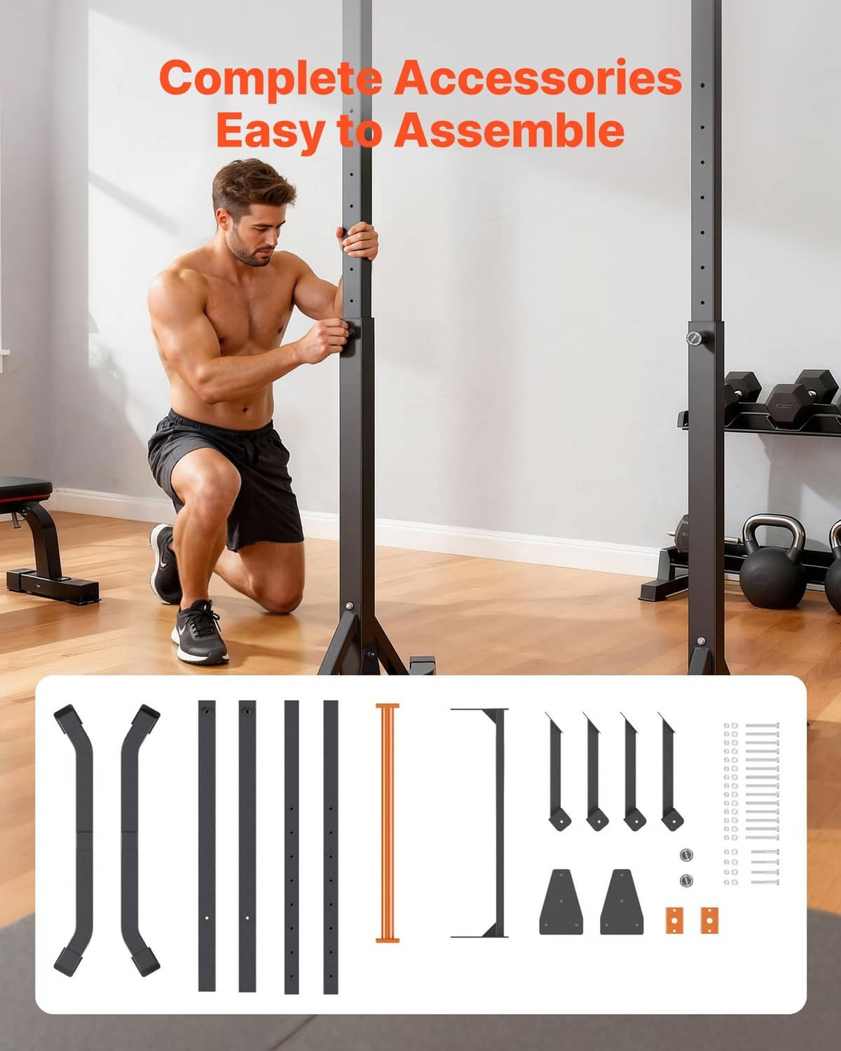 Pull up bar with included accessory parts, black frame and orange pull bar