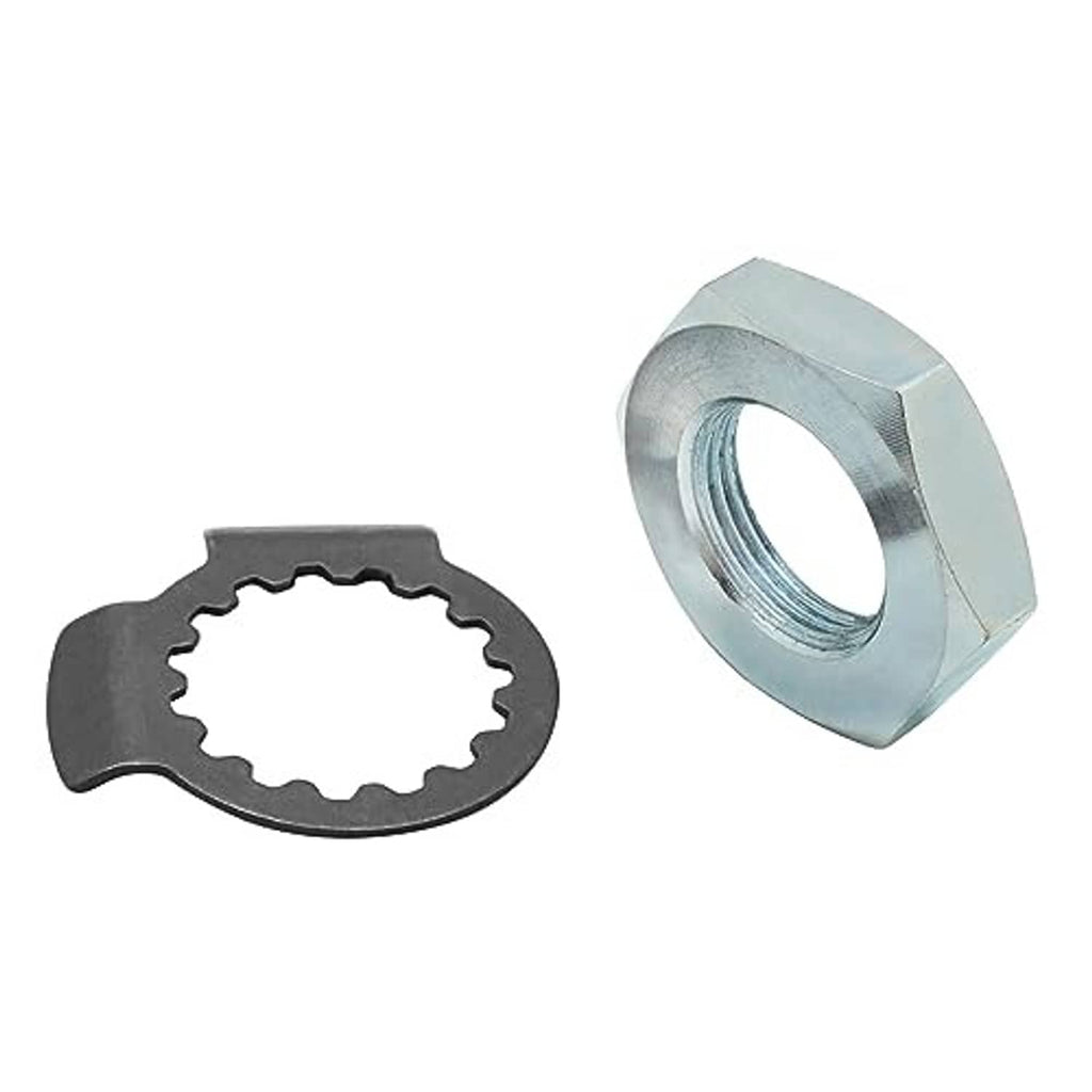 Hex nut and serrated washer components, dark washer paired with silver nut