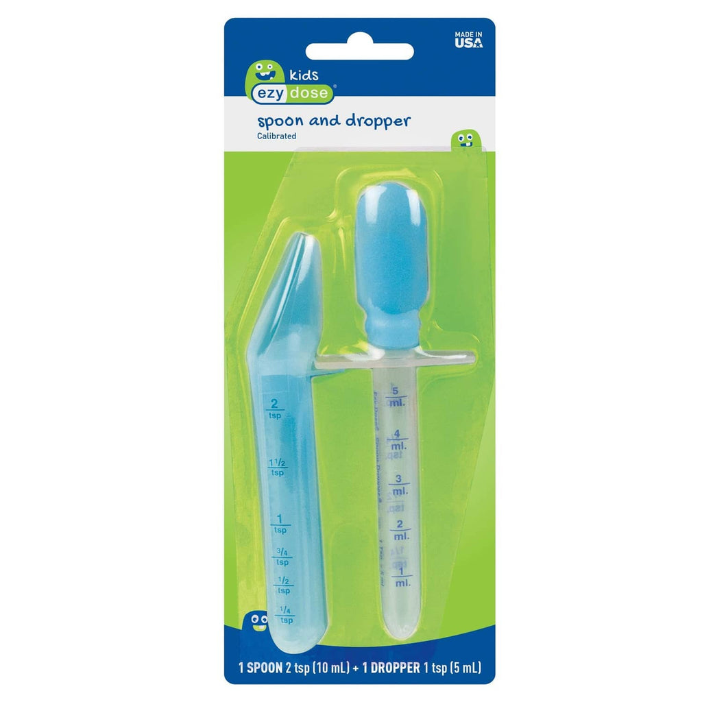 Kids spoon and dropper kit blister pack, blue calibrated dropper and dosing spoon