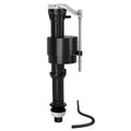 Universal toilet fill valve kit with black body, fill tube, and overflow clip