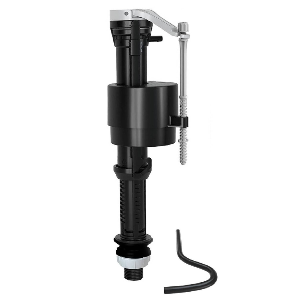 Universal toilet fill valve kit with black body, fill tube, and overflow clip