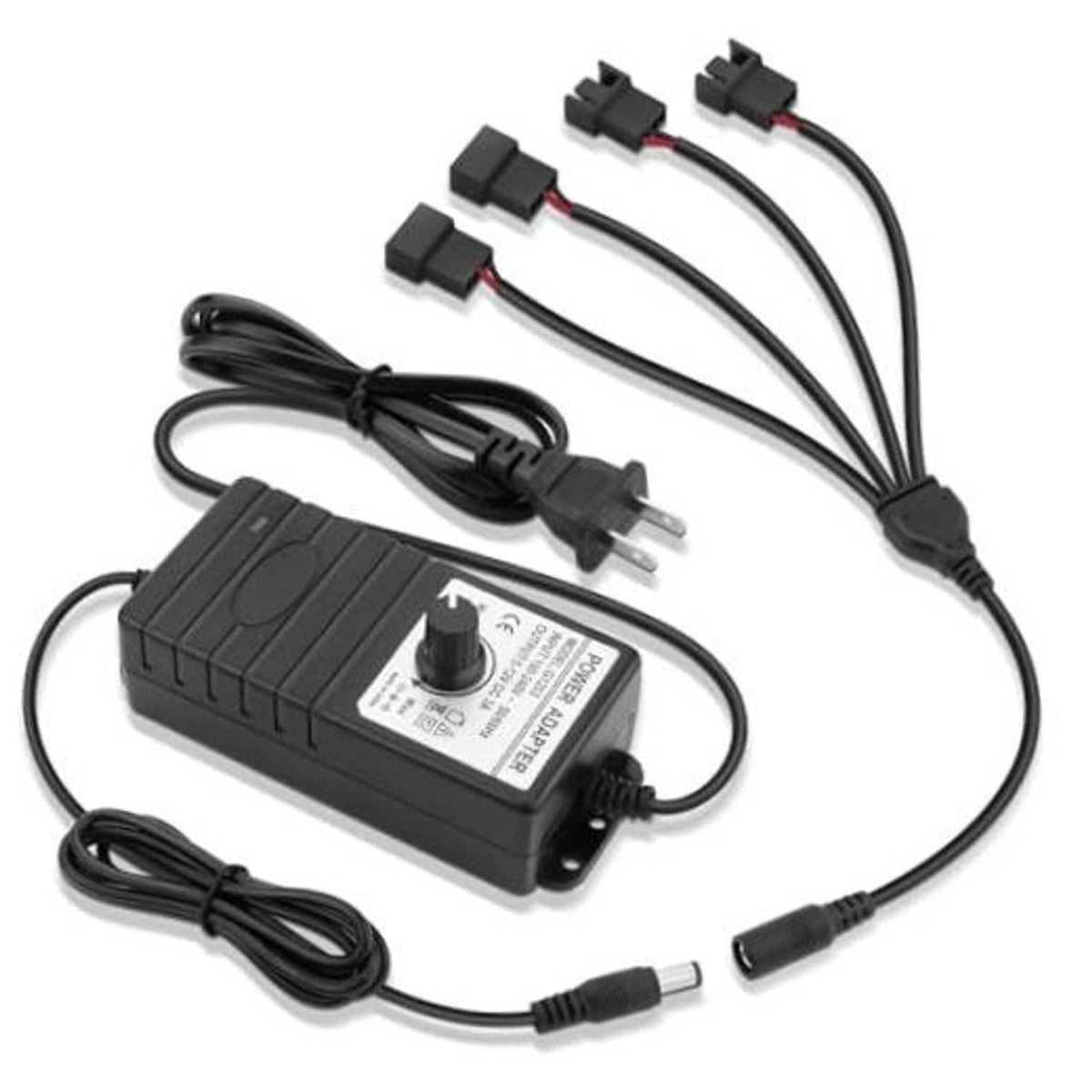 Black 4-port PC fan speed controller power supply with adjustable knob and cable set