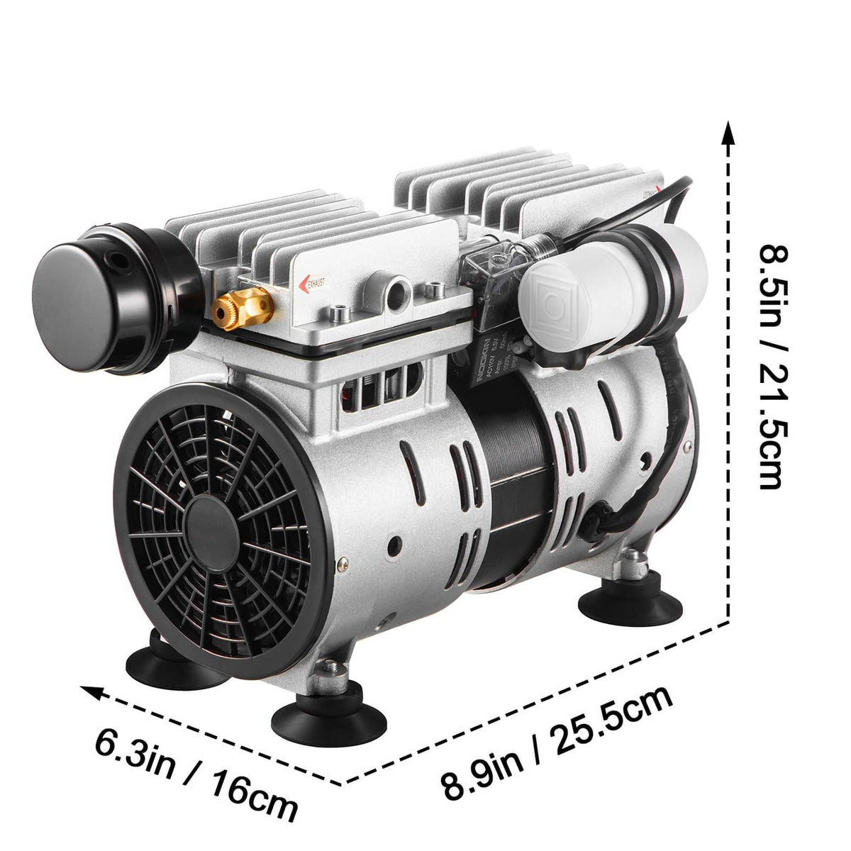 Pond aerator compressor with side cooling vents and black fan end caps; height shown