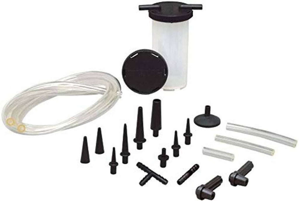 Brake bleeder pump kit components: clear hose, cup, and assorted adapter plugs