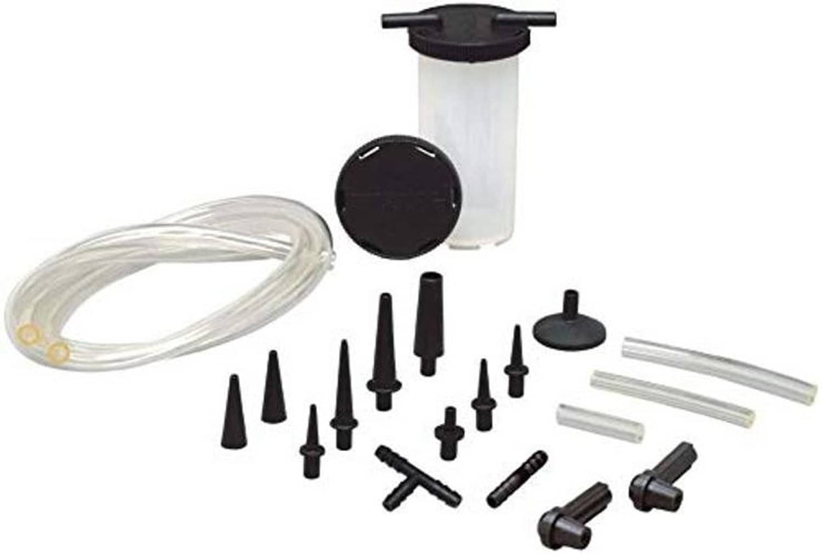 Brake bleeder pump kit components: clear hose, cup, and assorted adapter plugs
