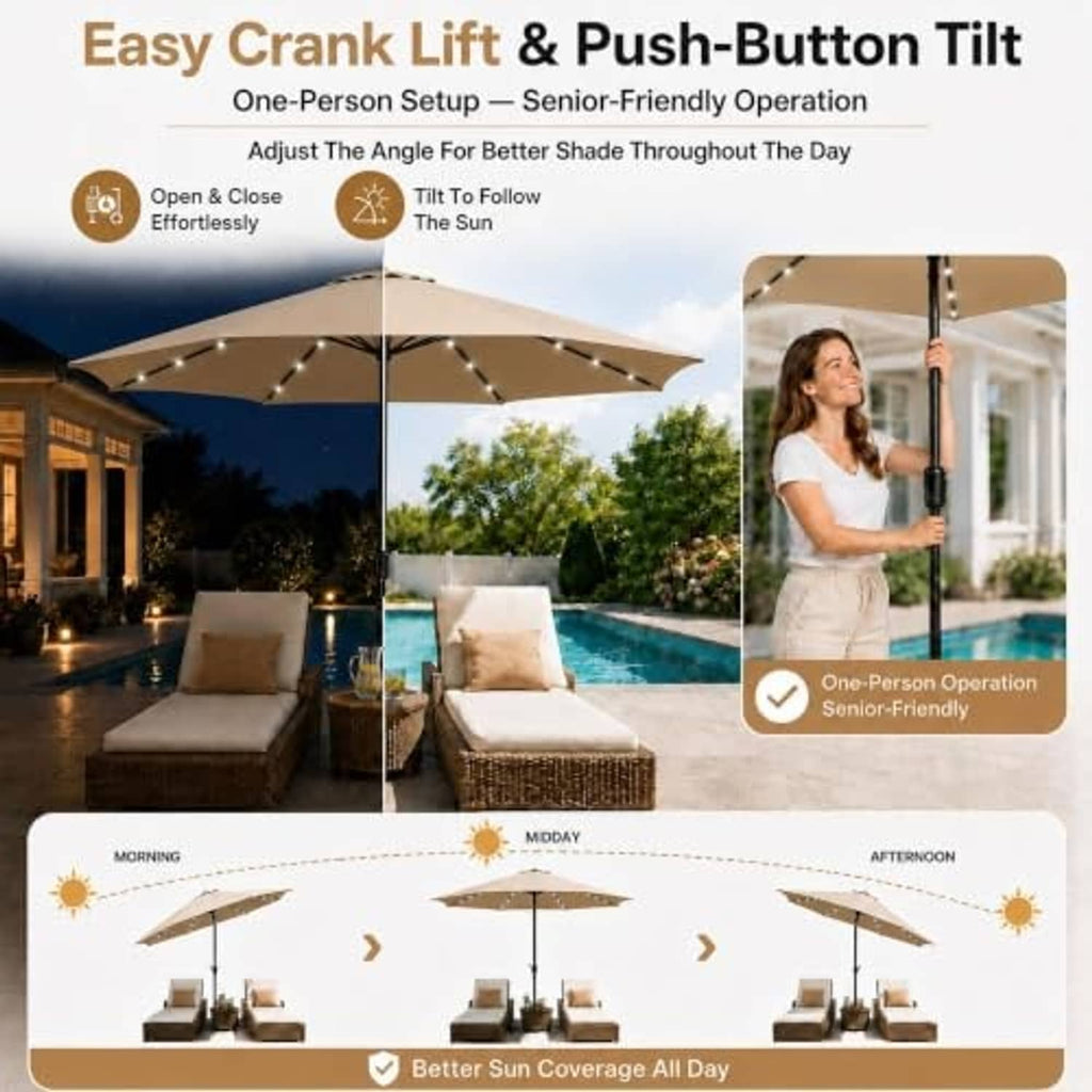 Tan patio umbrella with LED light strips and easy crank lift tilt, shown on pole