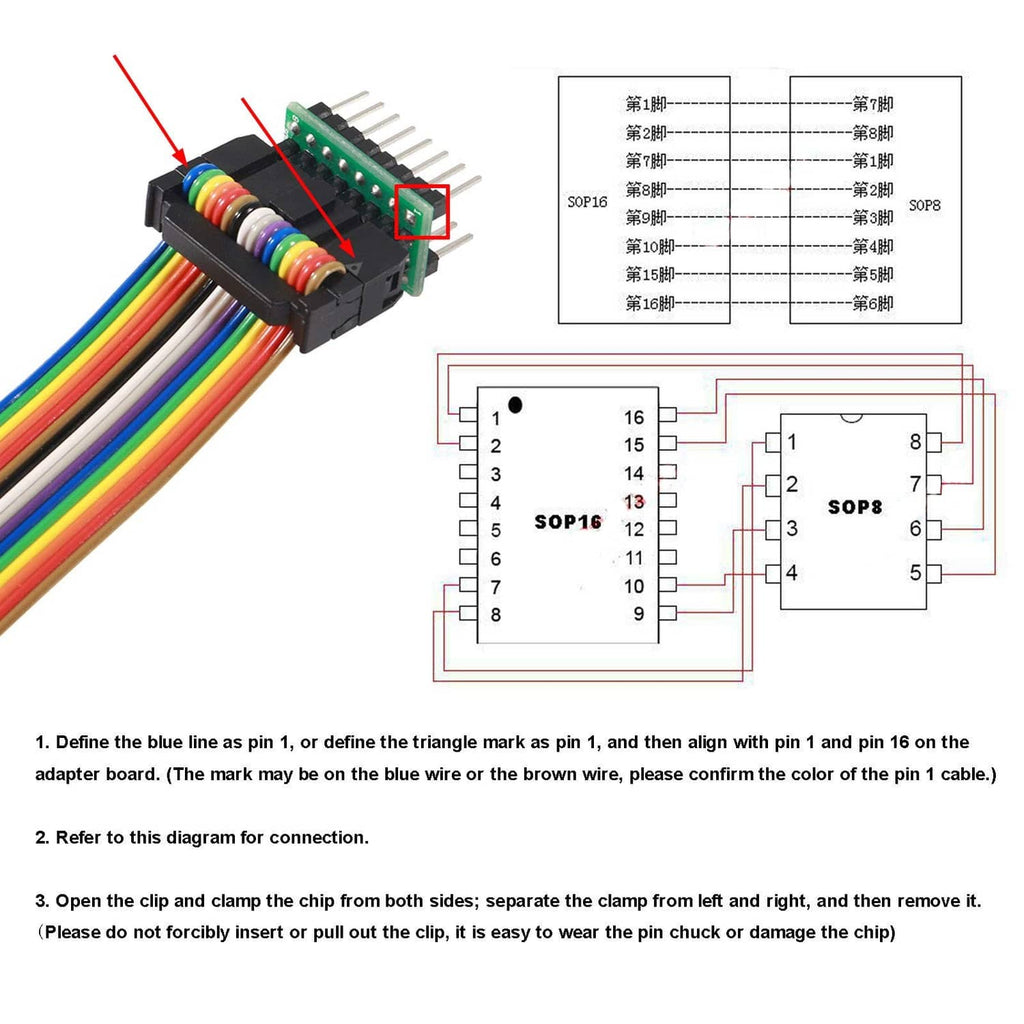 SOIC 16 test clip adapter with rainbow wires and instruction diagram