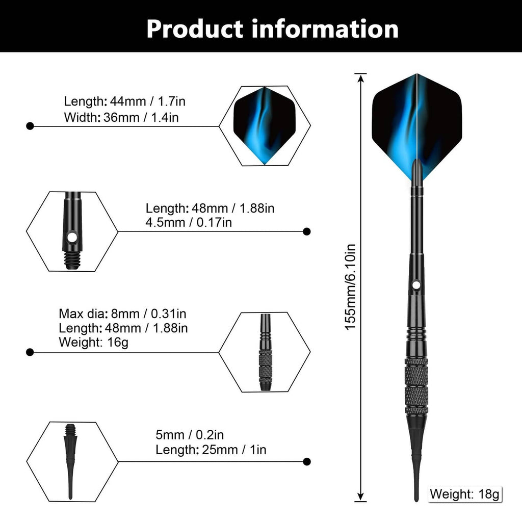 Soft tip dart with black knurled barrel and blue flight, 18g tip darts style