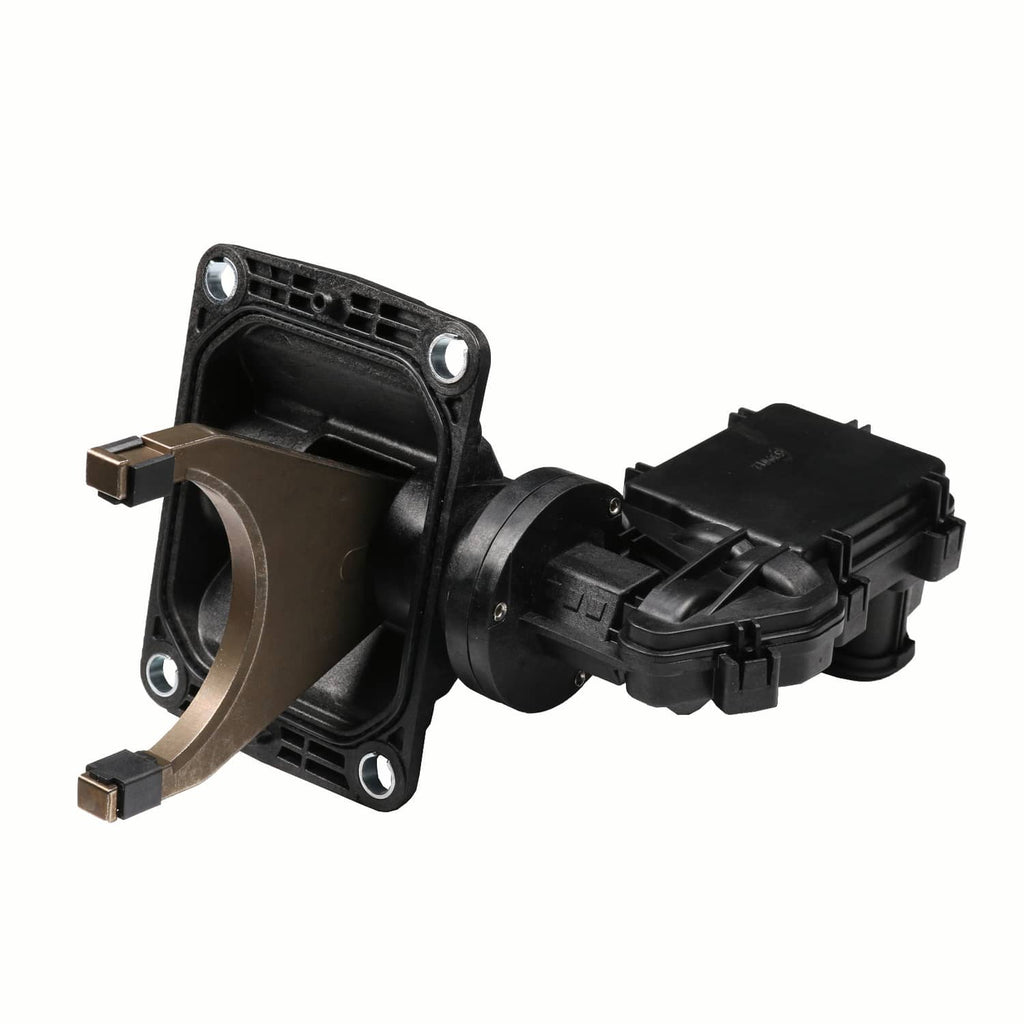 Front axle disconnect actuator fork with circular bearing mount and black housing, dark gray