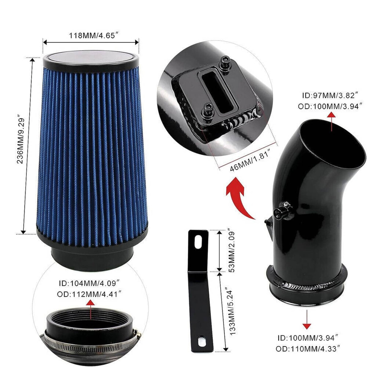 Black air intake pipe with blue pleated cone filter showing size dimensions