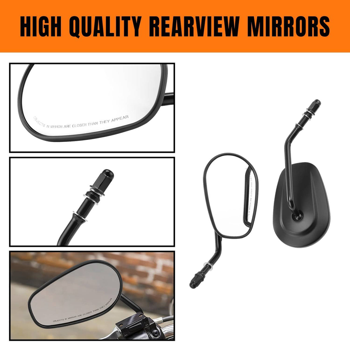 Matte black rearview mirror with curved stem and reflective oval glass