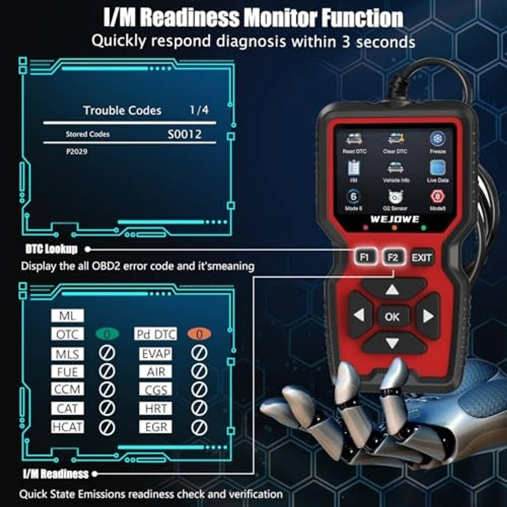 Compact OBD2 scanner with red screen panel and control buttons, OBD connector