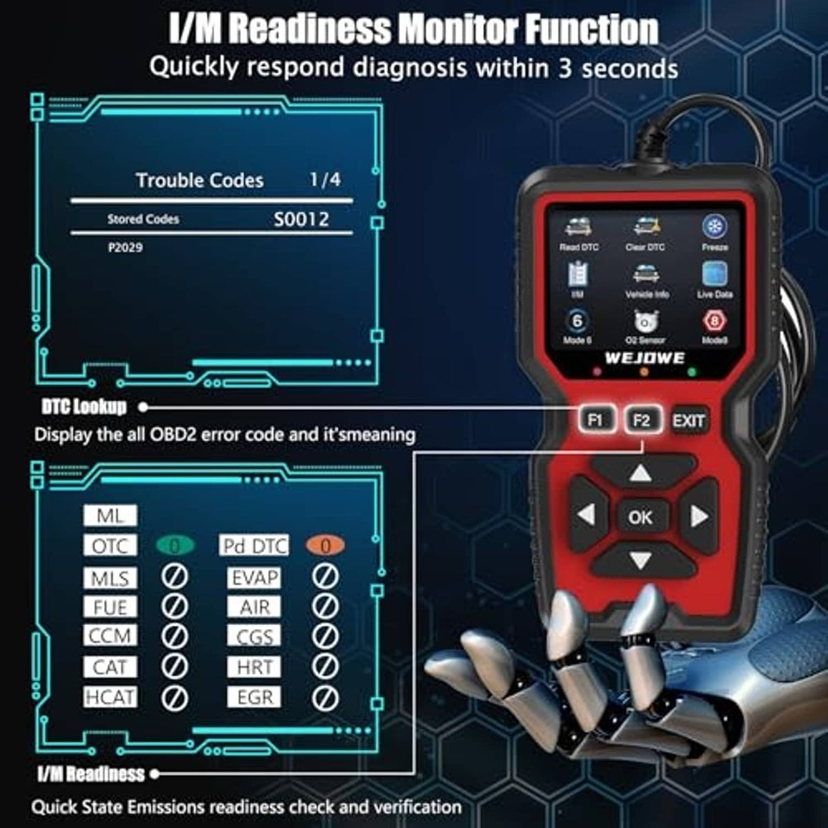 Compact OBD2 scanner with red screen panel and control buttons, OBD connector