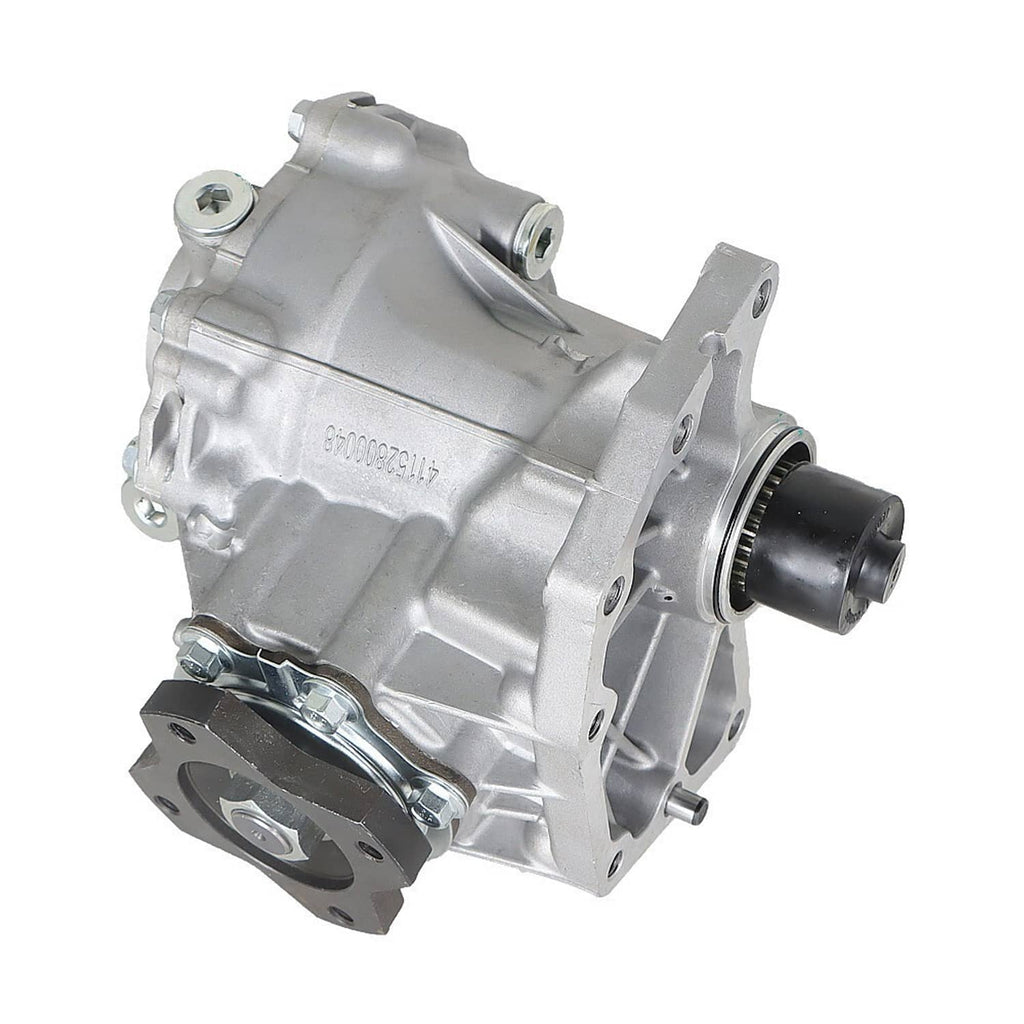 Transfer case assembly with side cooling fins, front port, and black output cap