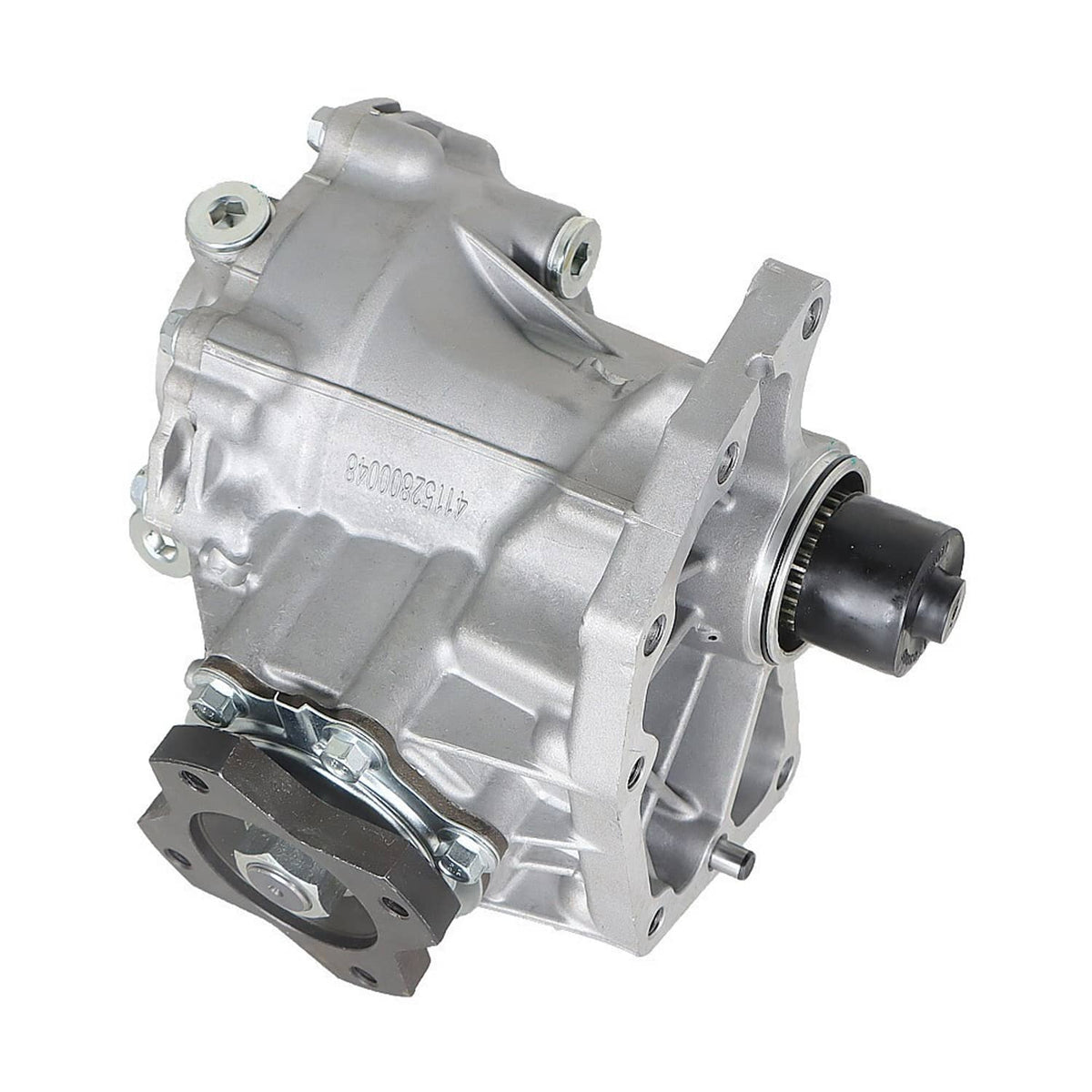 Transfer case assembly with side cooling fins, front port, and black output cap