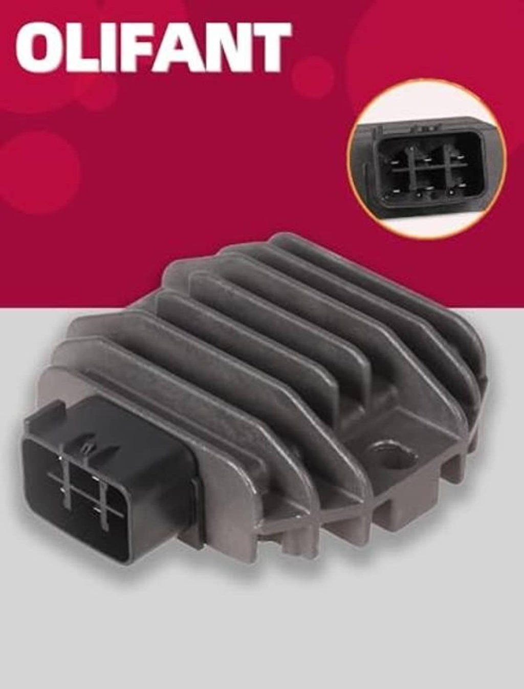 Voltage regulator rectifier with black finned heatsink and rectangular electrical plug