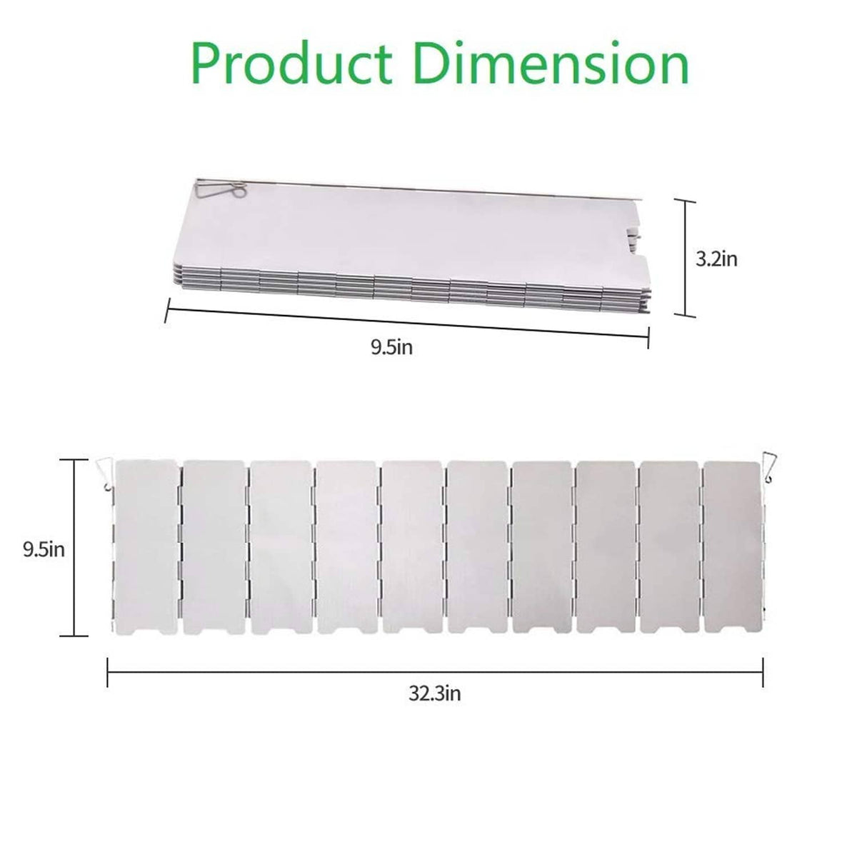 Aluminum stove windscreen panel set diagram with 32.3 in width and 9.5 in height