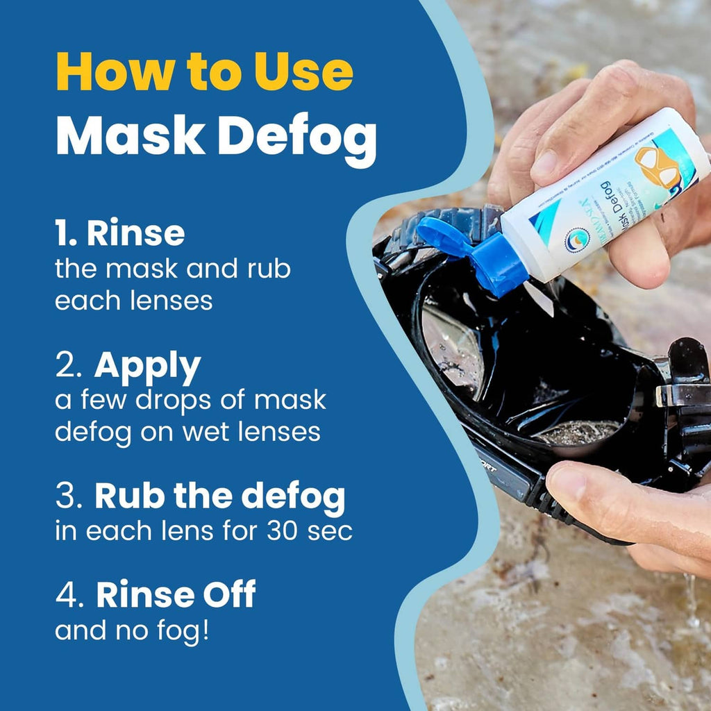 Mask defog spray bottle being applied to wet swim goggles