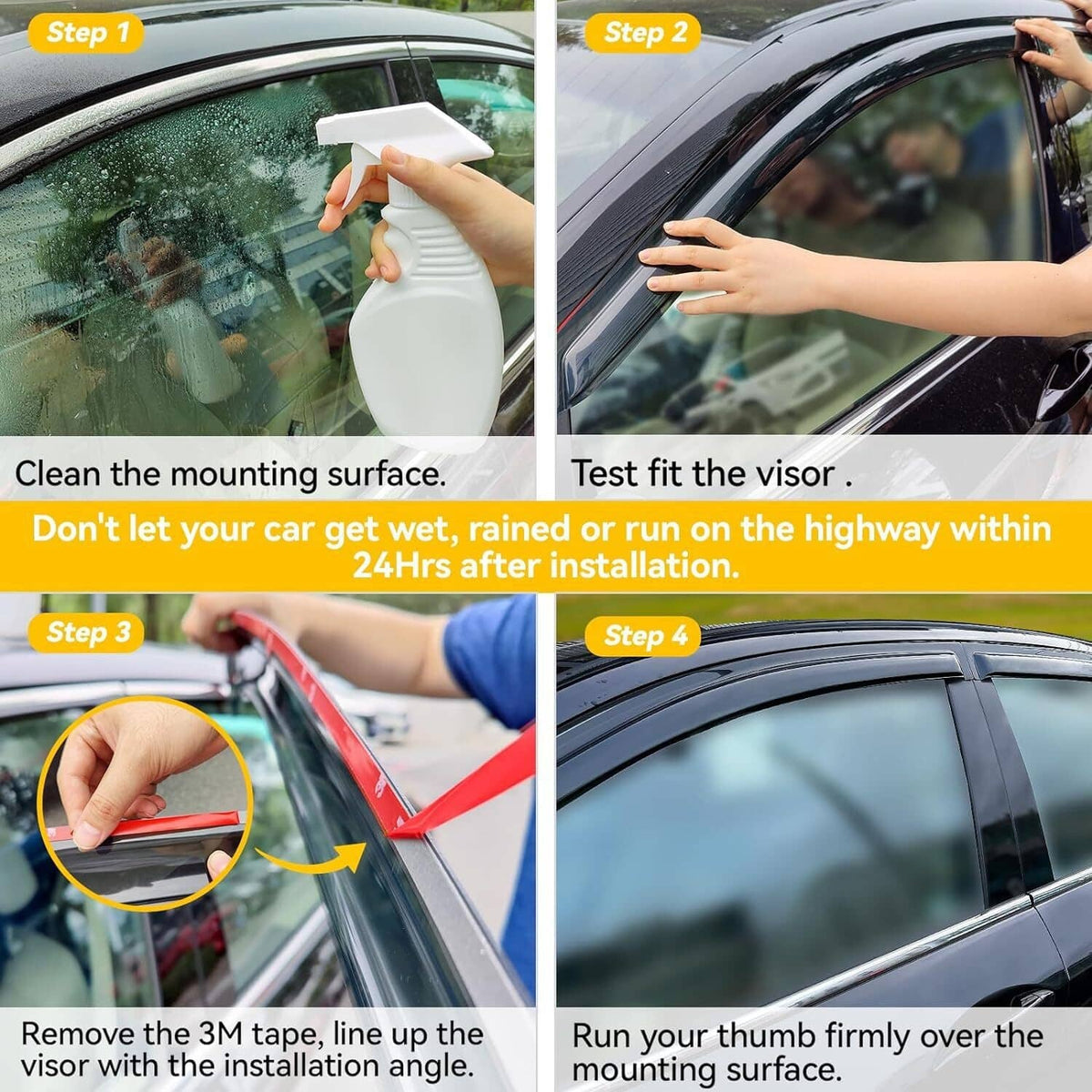 Installation steps for window visors: clean surface, test fit, apply tape line