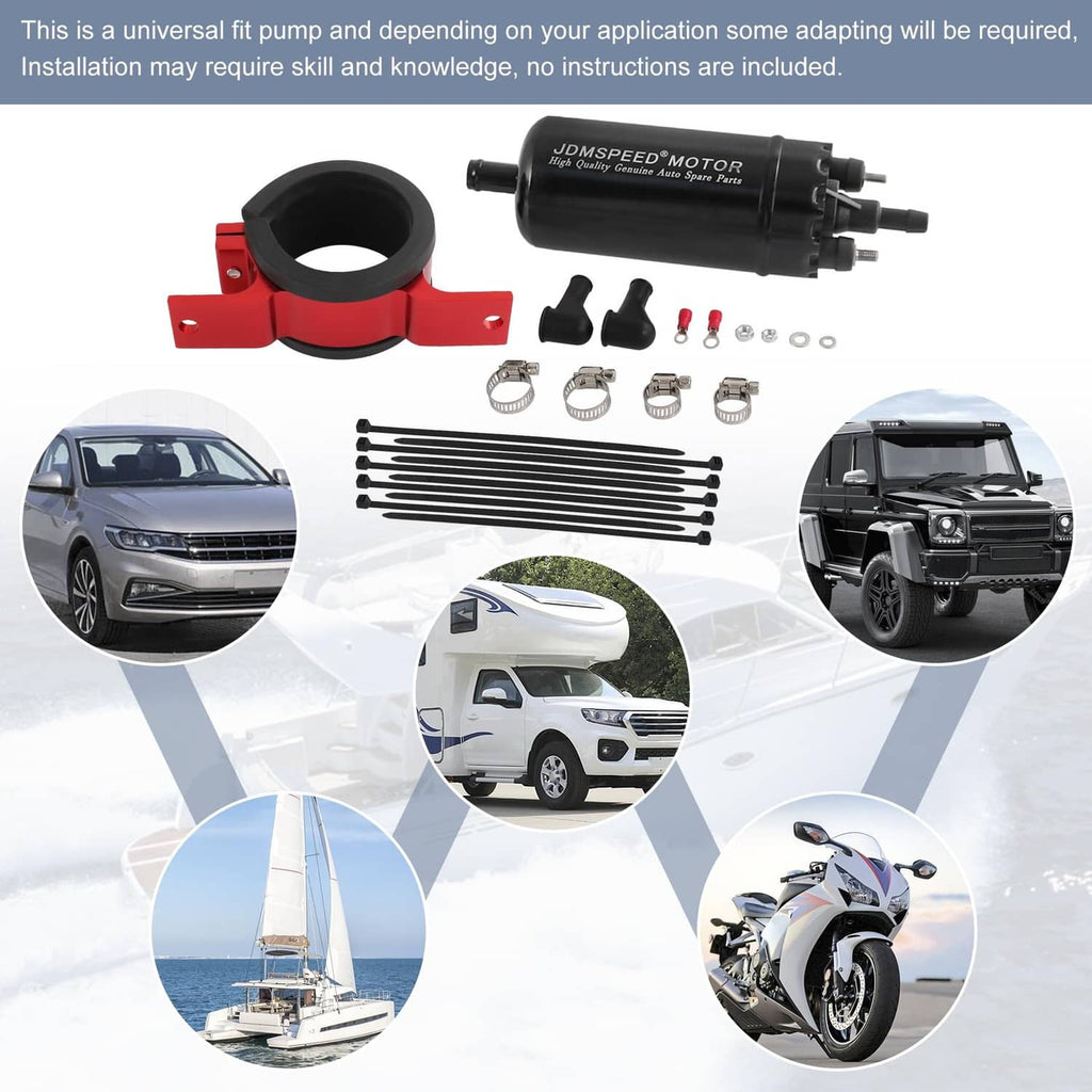 Universal external fuel pump with mounting bracket clamp and included adapter parts