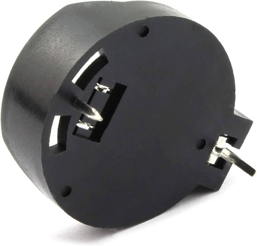CR2032 coin cell holder, 2-pin DIP style, close-up of black base and metal leads