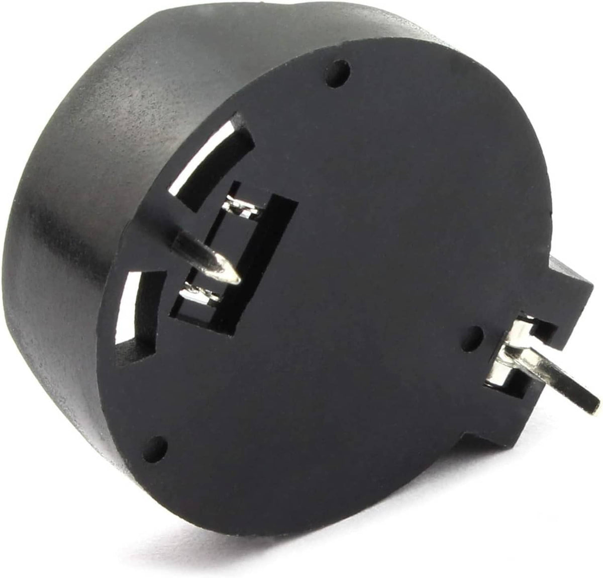 CR2032 coin cell holder, 2-pin DIP style, close-up of black base and metal leads