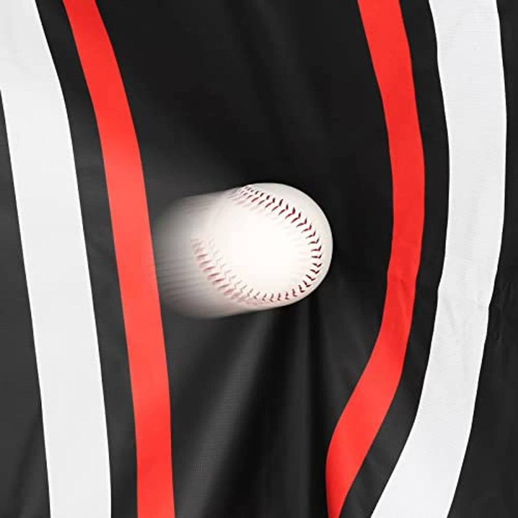 Baseball on a black-and-red striped vinyl backstop surface