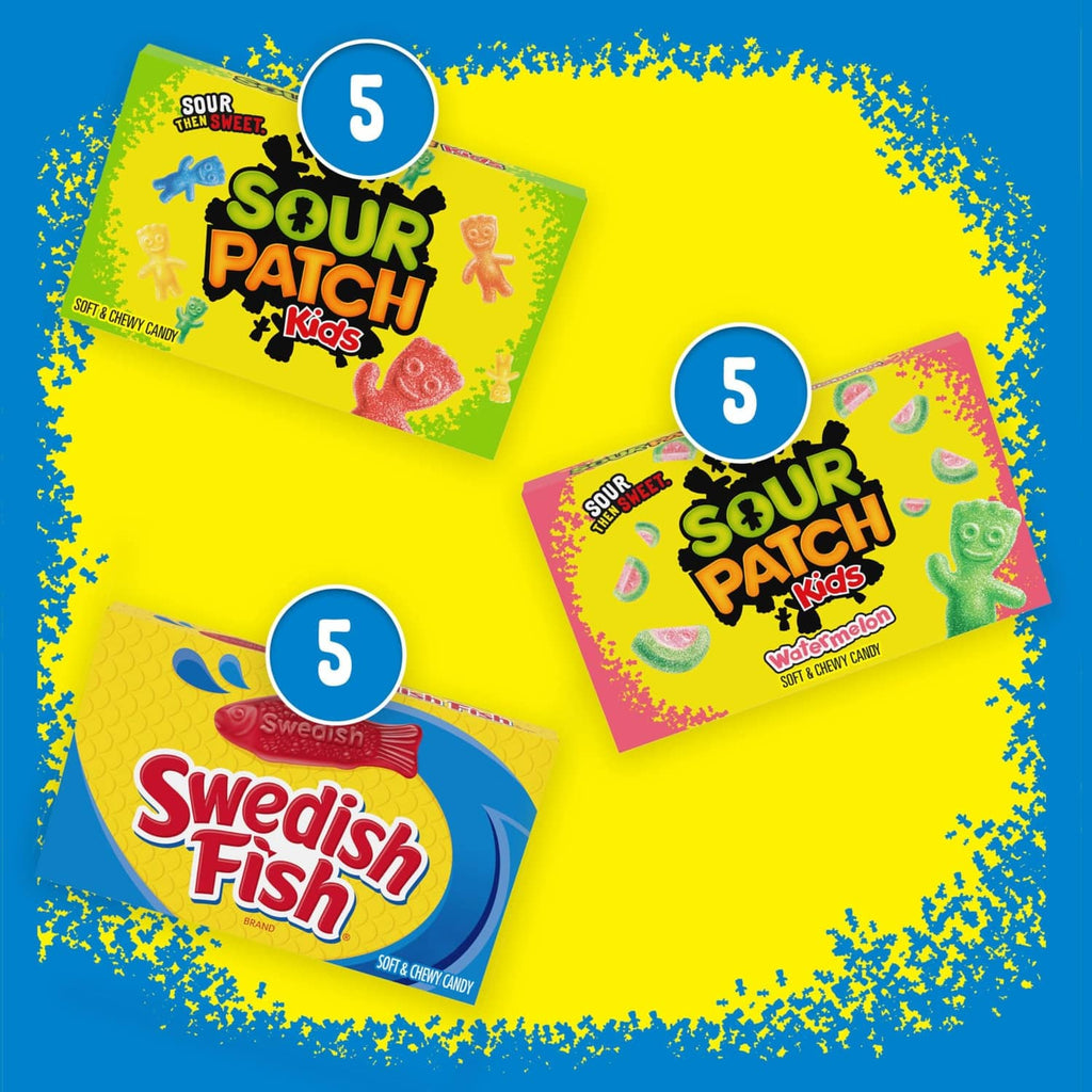 Variety pack layout showing 5 Sour Patch Kids and 5 Swedish Fish units