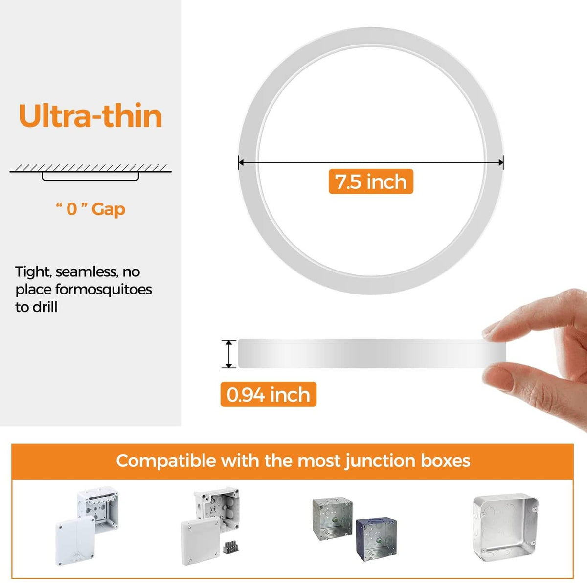 White ultra-thin LED flush mount ceiling light with 7.5 in slim profile