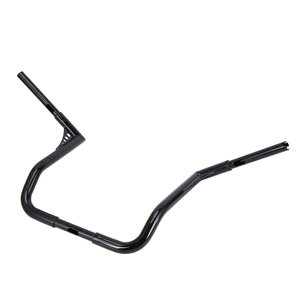 Black motorcycle handlebar with sweeping curve, end grips, and mounting holes