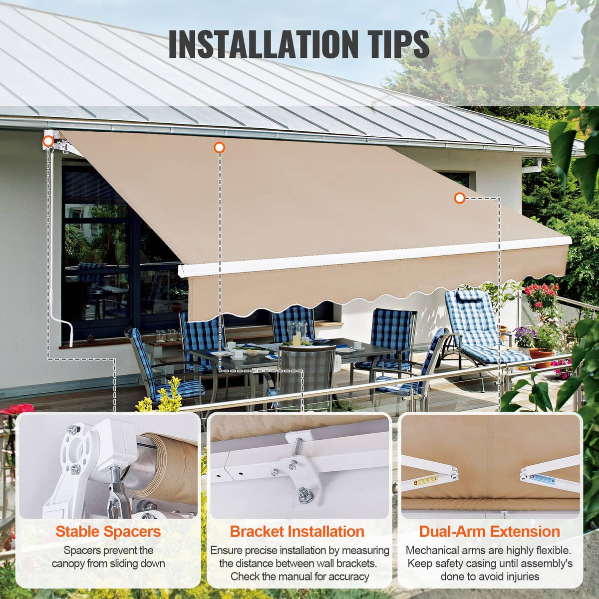 Retractable patio awning with mounting bracket installation illustrations