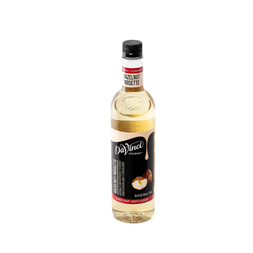 Hazelnut syrup bottle with black cap, DaVinci Gourmet label, amber liquid