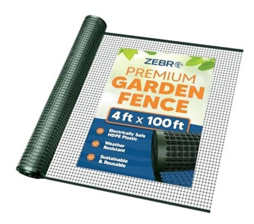 Green square-mesh plastic garden fence roll with tight grid pattern on a roll