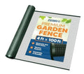 Green square-mesh plastic garden fence roll with tight grid pattern on a roll