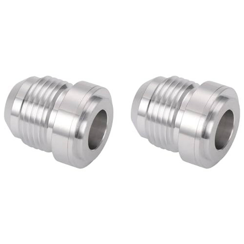 AN male flare weld-on bung adapter, silver, side profile of threaded ports (2-pack)