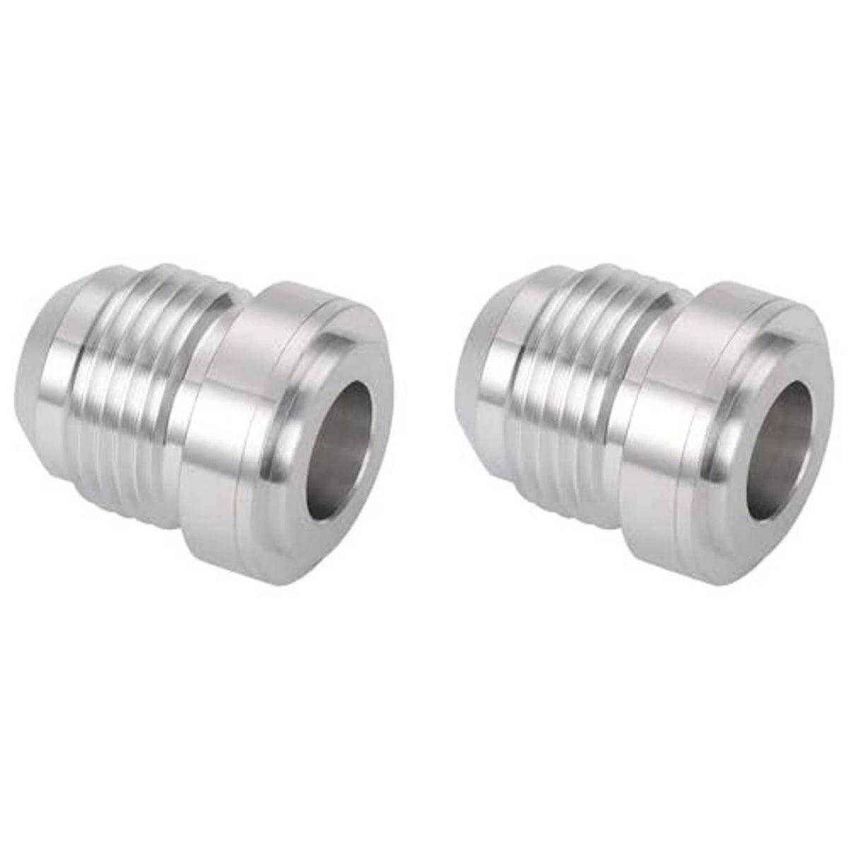 AN male flare weld-on bung adapter, silver, side profile of threaded ports (2-pack)