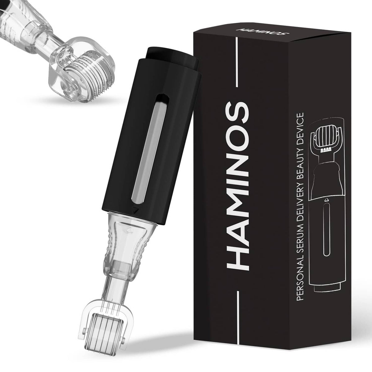 Derma roller with clear reservoir cartridge and black handheld applicator
