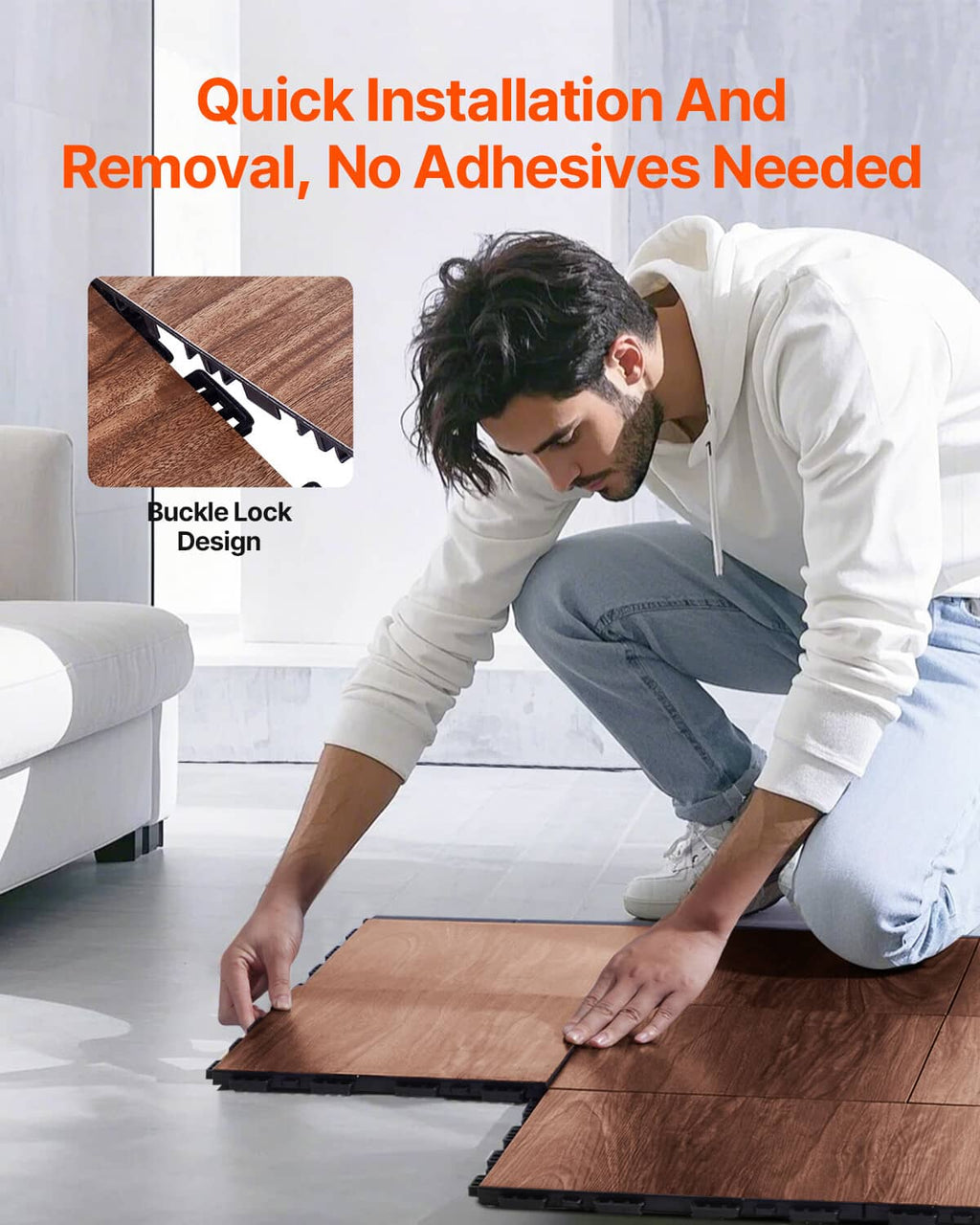 Brown interlocking gym floor tile with black tabs, hands installing