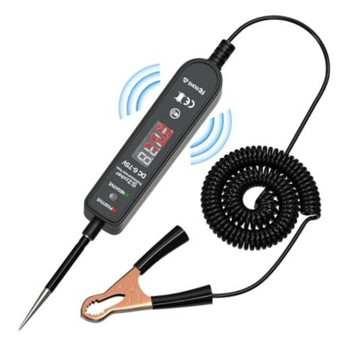 Black DC voltage tester with LED display, pointed probe, coiled wire, alligator clamp