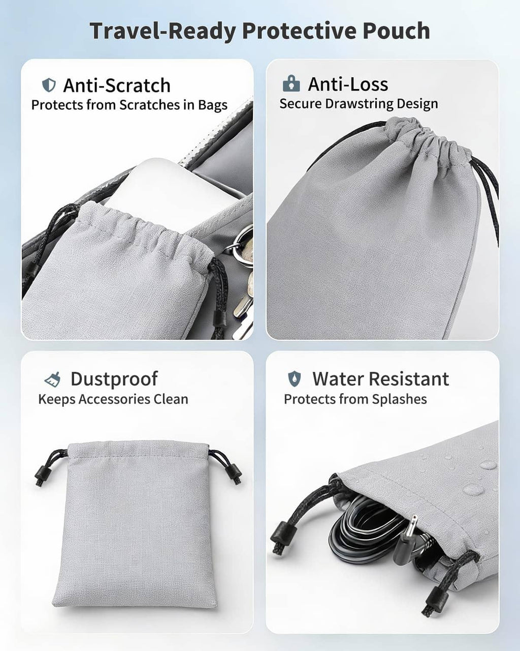 Gray drawstring protective pouch with anti-scratch, anti-loss, dustproof, and water-resistant fabric