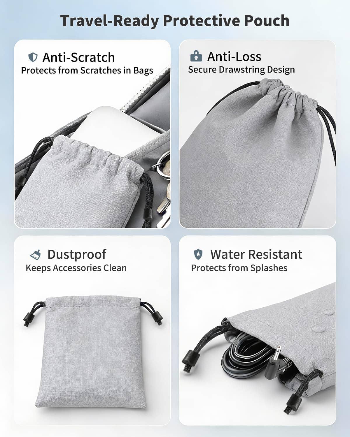 Gray drawstring protective pouch with anti-scratch, anti-loss, dustproof, and water-resistant fabric