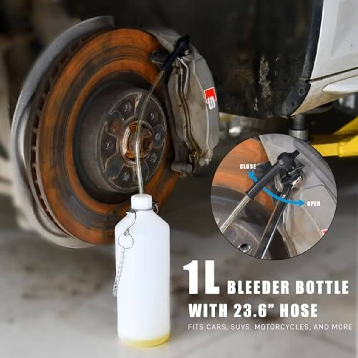 Brake bleeding bottle with 23.6 in hose accessory and small one-way valve setup