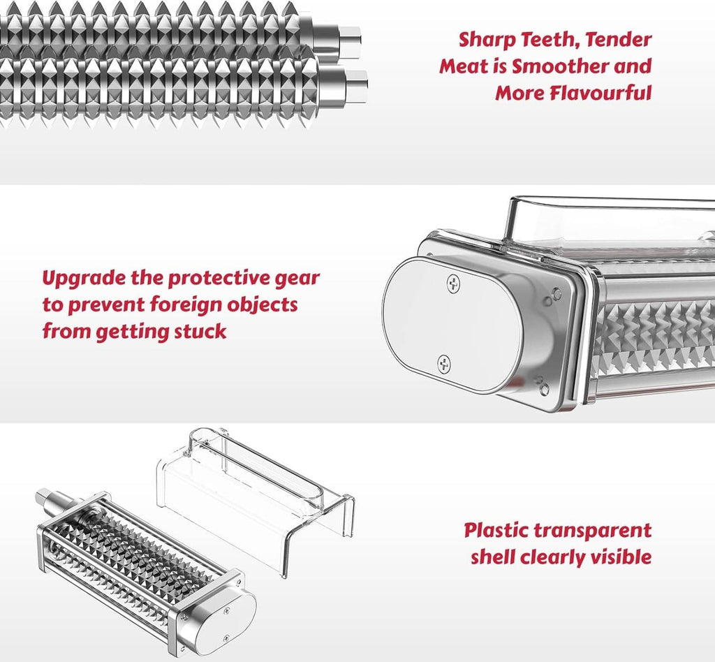 Meat tenderizer roller with sharp pyramid teeth and protective clear shell