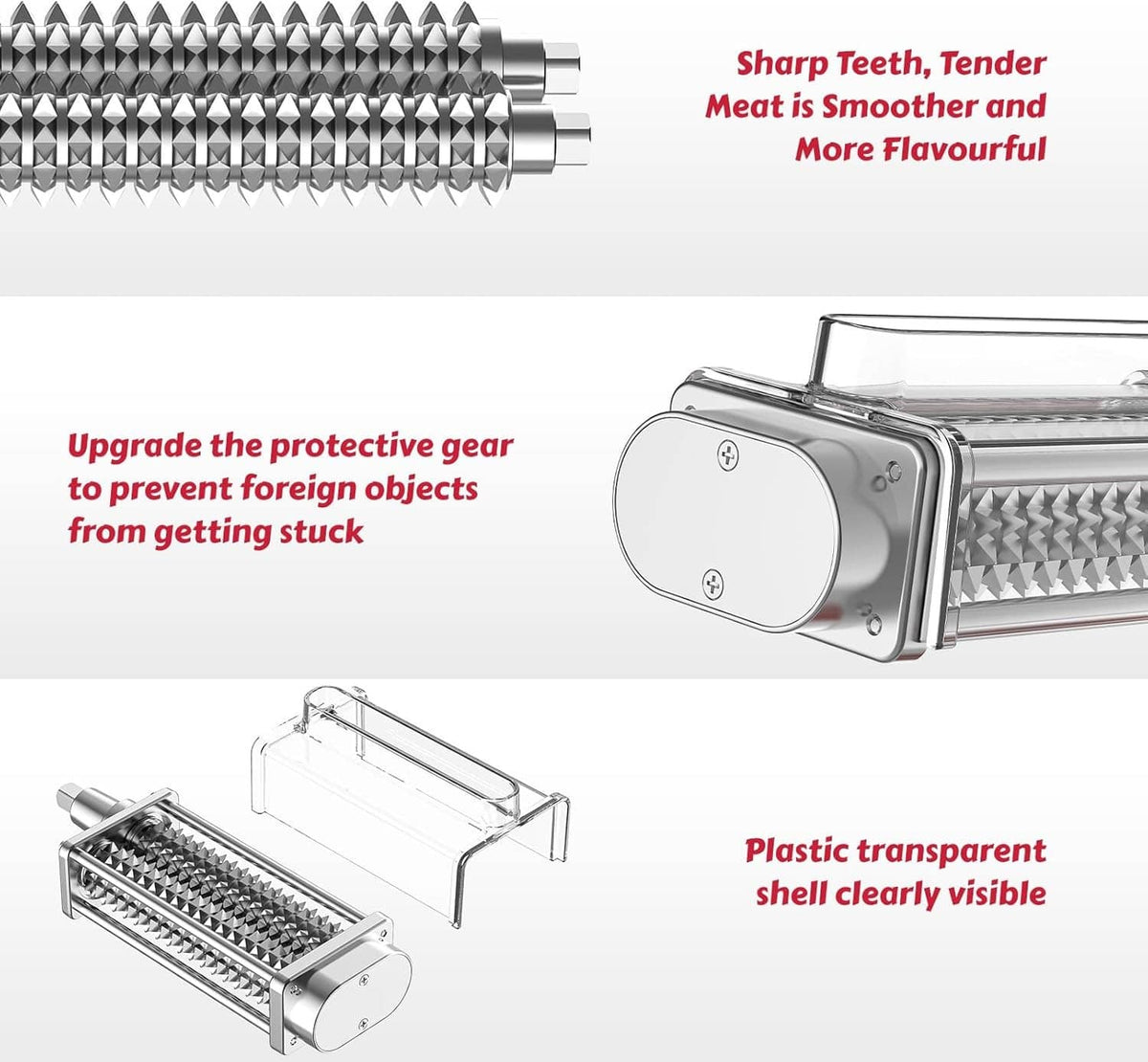 Meat tenderizer roller with sharp pyramid teeth and protective clear shell