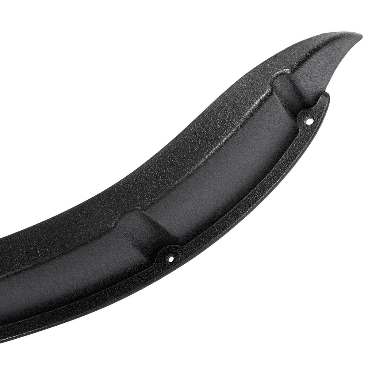 Black curved fender flare with mounting holes and textured plastic surface.